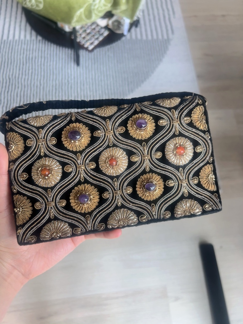 Vintage Black Velvet Embroidered Clutch - Gold Metallic & Gemstone Amethyst etc